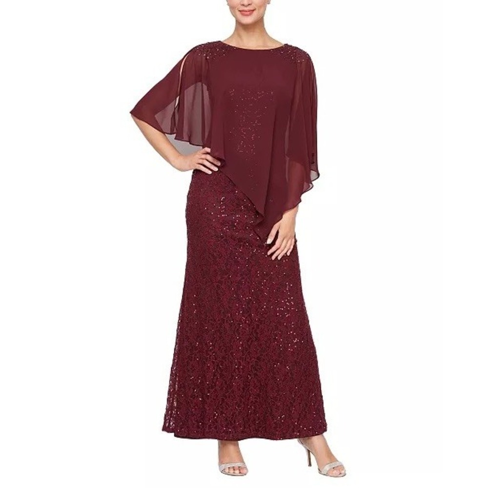 NWT SLNY SL Fashions Round-Neck Sequin Lace Cape Dress 16W $169